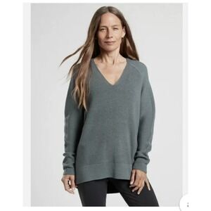 Athleta V-Neck Sweater Womens Small Gray Excellent Ribbed Knit Raglan